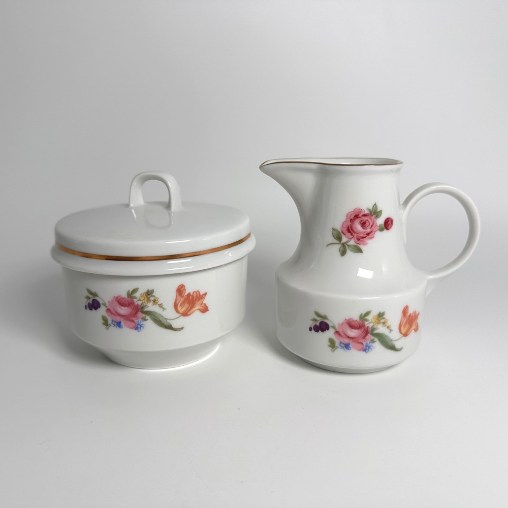 Vtg Henneberg Porzellan GDR Creamer &‎ Sugar Bowl Floral Roses Gold Trim 1777